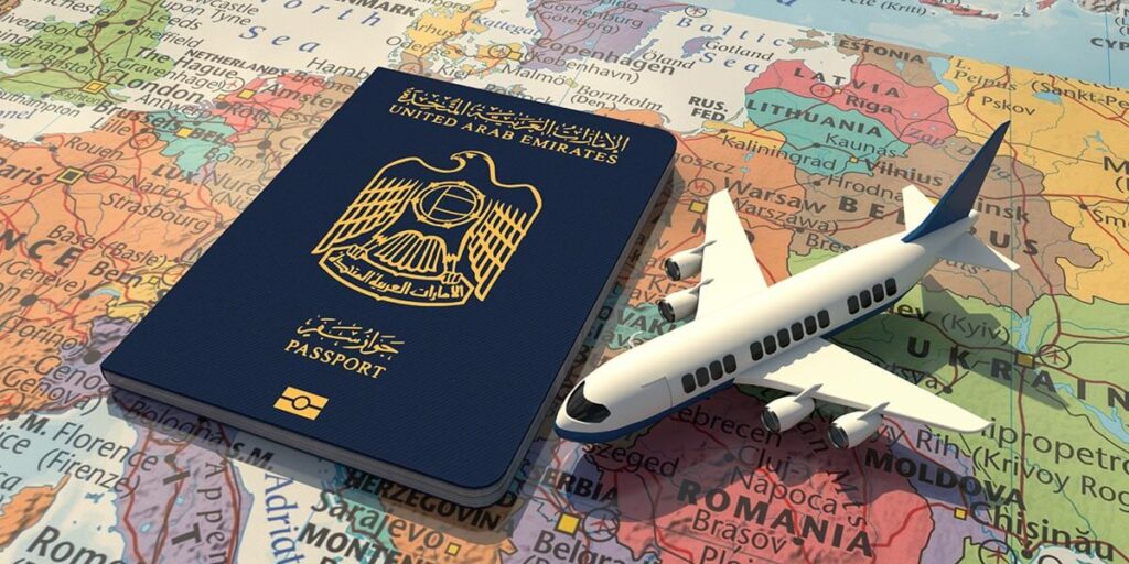 a mini plane and a uae passport on a map