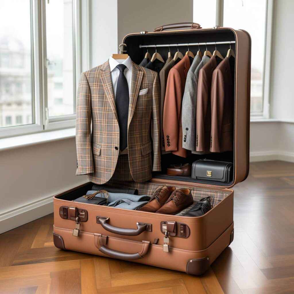 a suitcase with hanging clothes and some other essentials packed