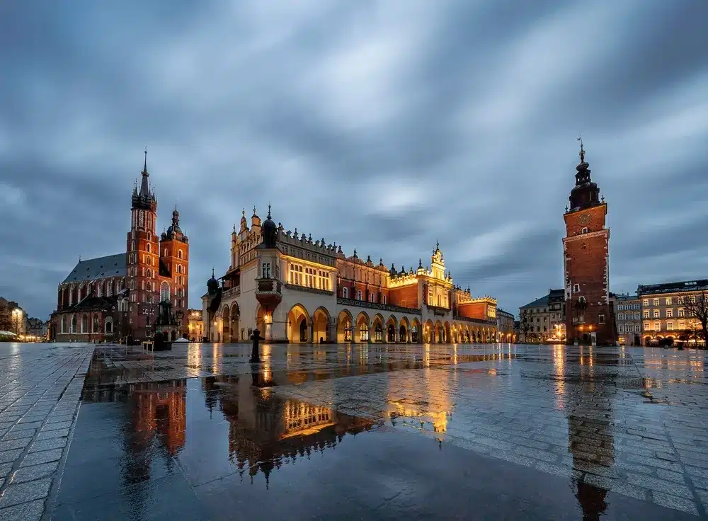 a night view of Sukiennice Poland