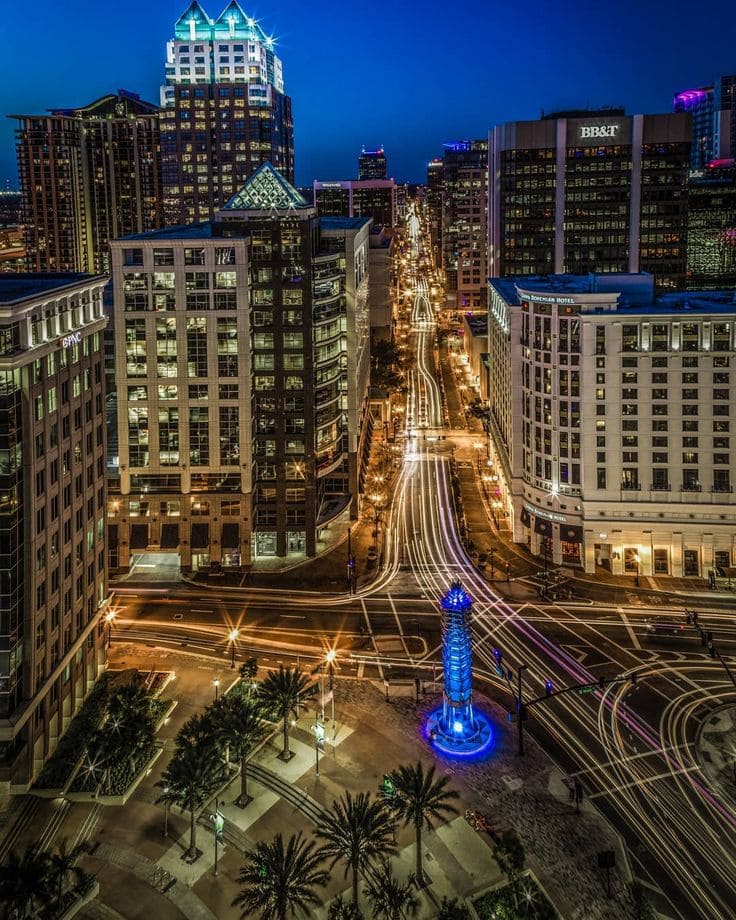 a night view of downtown Orlando Florida