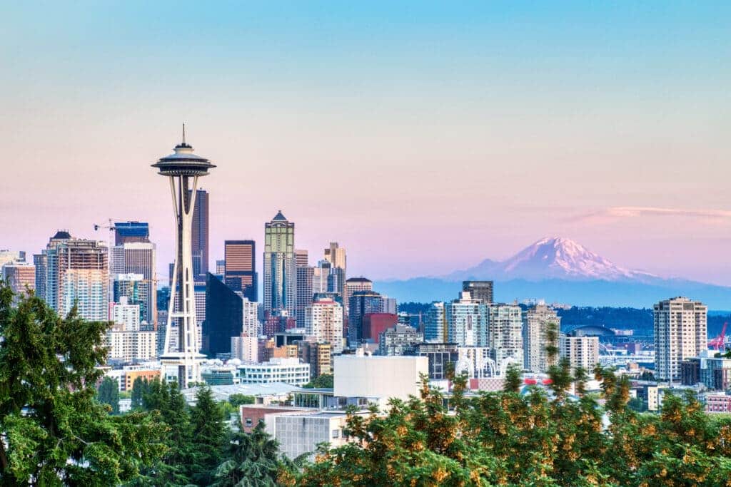 Seattle Cityscape with Mt Rainier in the Background at Sunset Washington USA