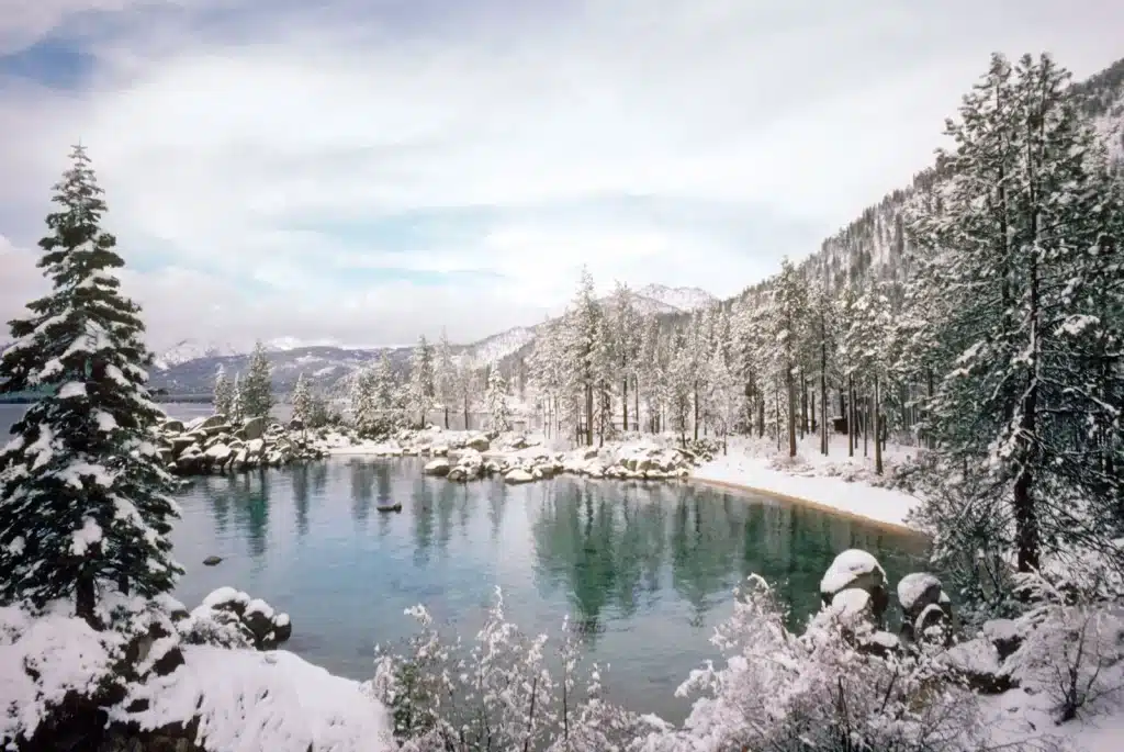 a view of snowy Lake Tahoe CaliforniaNevada