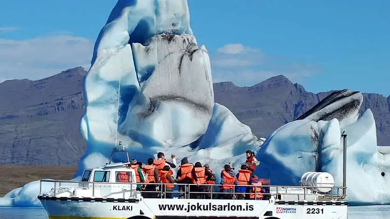 group of people cruising on the Jökulsárlón Amphibian Boat Tour