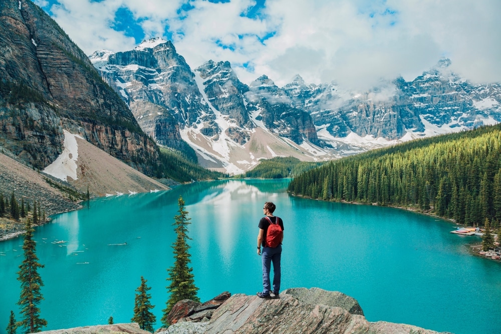 Canada Travel Man Hiker At Moraine Lake Banff National Park