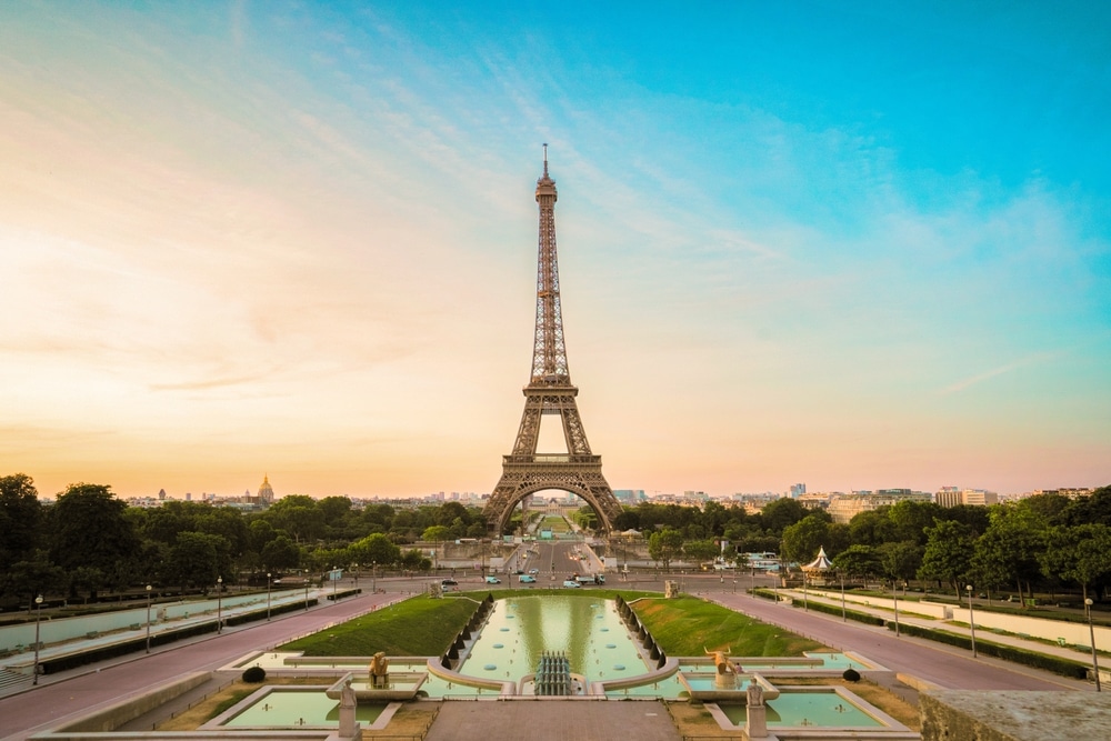 Paris Eiffel Tower And Trocadero Garden At Sunset In Paris