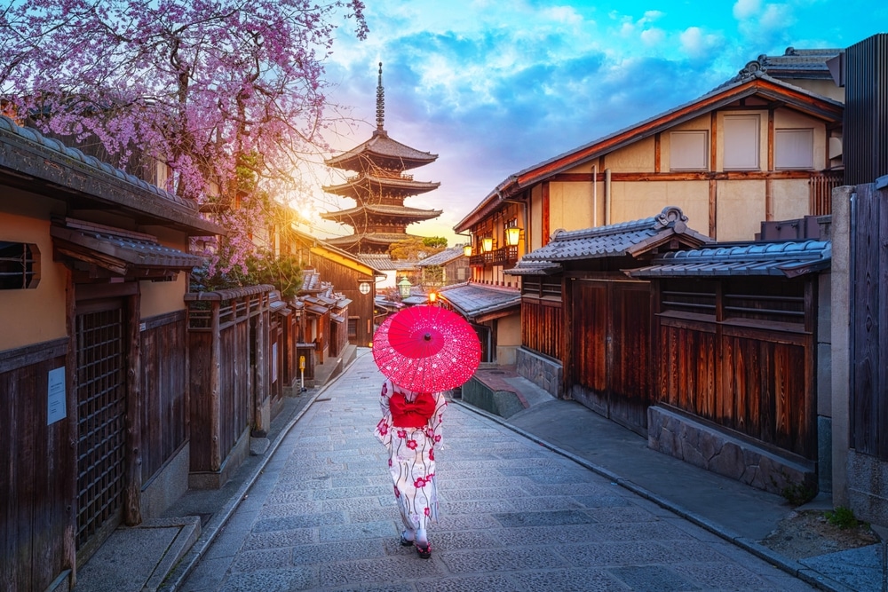 Japanese Woman In Traditional Kimono Visit Yasaka Pagoda At Hokanji