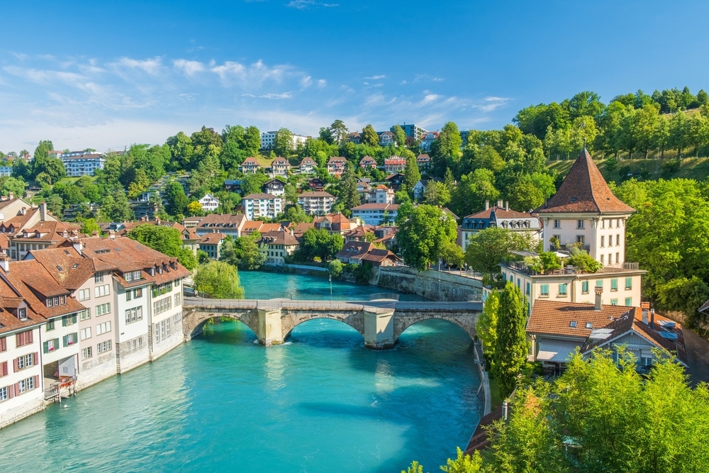 Aare River Untertorbrucke Bridge Cityscape Of Bern Switzerland