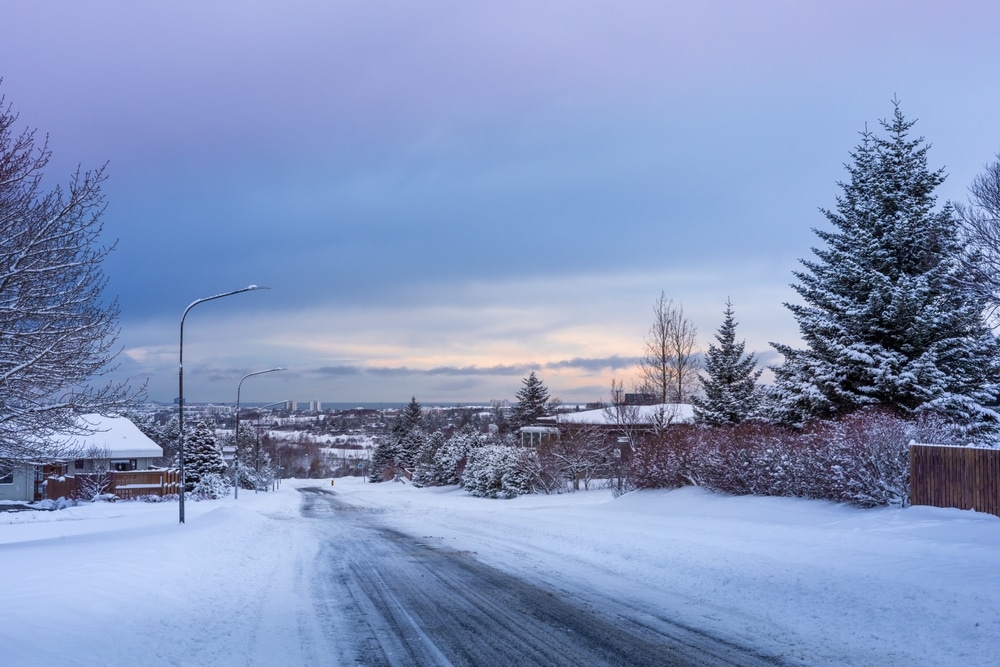 Reykjavik Iceland January : Empty Snowy Street In