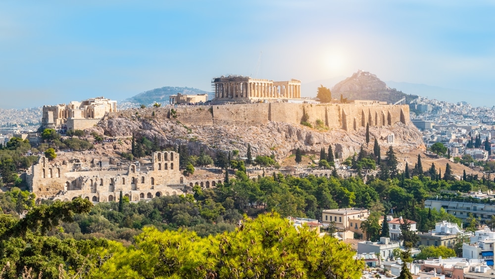 Panoramic View Of Athens With Acropolis Hill On A Hot